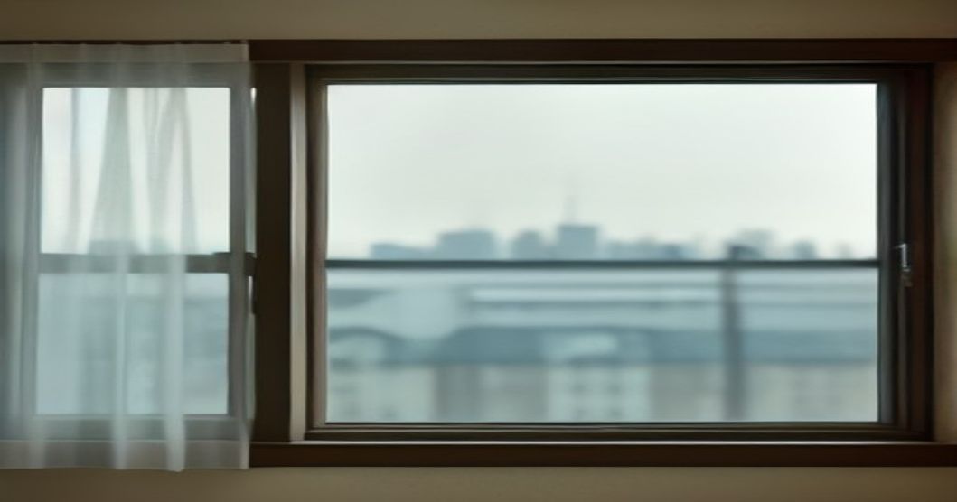 오래된 아파트 방의 낡은 미서기창과 흐린 바깥 풍경